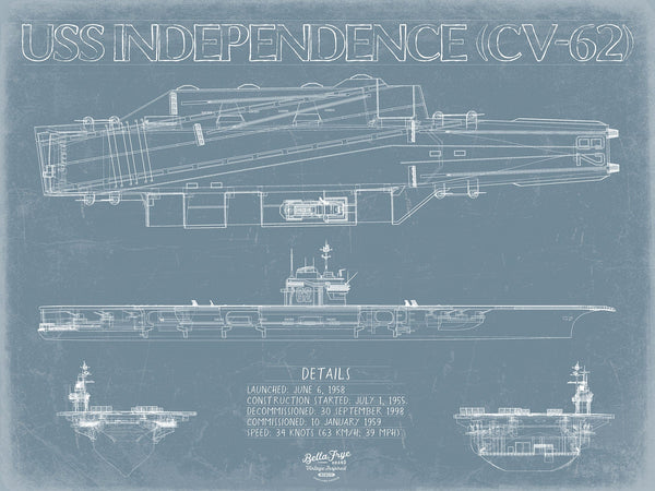 Bella Frye 14" x 11" / Unframed Paper Giclee USS Independence (CV-62) Blueprint Wall Art - Original Carrier Print