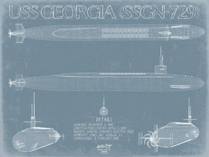 Bella Frye 14" x 11" / Unframed Paper Giclee USS Georgia (SSGN-729) Blueprint Wall Art - Original Submarine Print