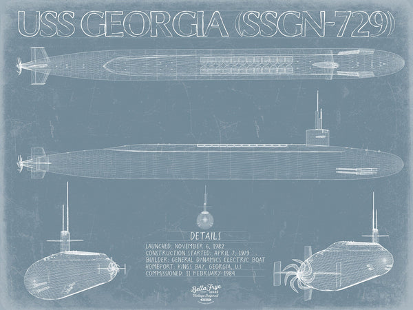 Bella Frye 14" x 11" / Unframed Paper Giclee USS Georgia (SSGN-729) Blueprint Wall Art - Original Submarine Print