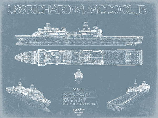 Bella Frye 14" x 11" / Unframed Paper Giclee USS Richard M. McCool Jr. (LPD-29) Blueprint Wall Art - Original Amphibious Transport Dock Print