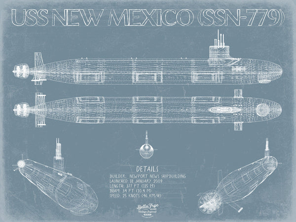 Bella Frye 14" x 11" / Unframed Paper Giclee USS New Mexico (SSN-779) Blueprint Wall Art - Original Submarine Print