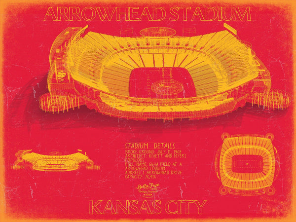 Bella Frye 14" x 11" / Unframed Paper Giclee Arrowhead Stadium Wall Art - Kansas City Chiefs Blueprint Football Stadium Print