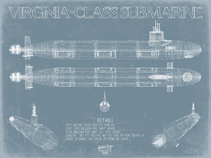 Bella Frye 14" x 11" / Unframed Paper Giclee Virginia-class submarine Blueprint Wall Art - Original Submarine Print