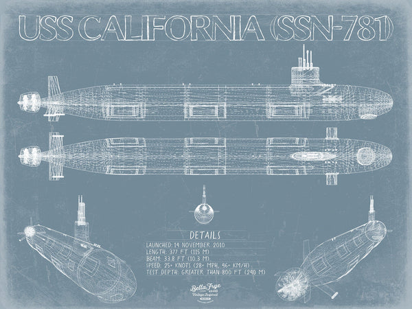 Bella Frye 14" x 11" / Unframed Paper Giclee USS California (SSN-781) Blueprint Wall Art - Original Submarine Print