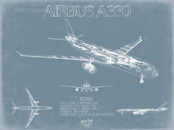 Bella Frye Airbus A330 Aircraft Blueprint Wall Art - Original Aviation Plane Print