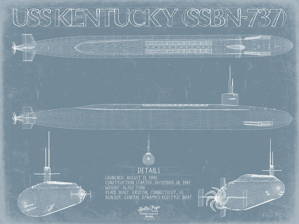 Bella Frye 14" x 11" / Unframed Paper Giclee USS Kentucky (SSBN-737) Blueprint Wall Art - Original Submarine Print