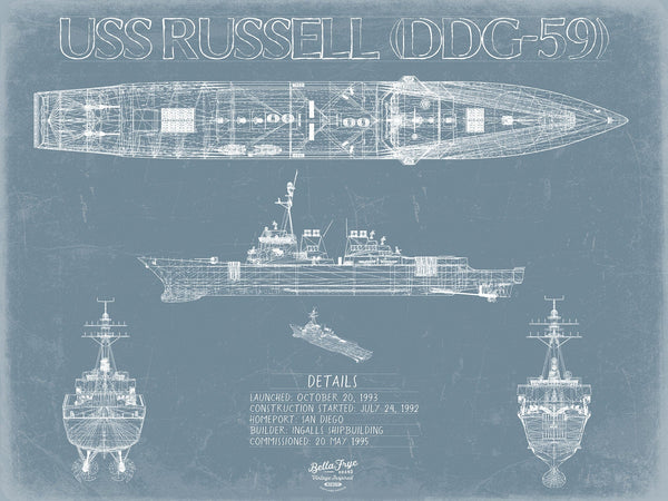 Bella Frye 14" x 11" / Unframed Paper Giclee USS Russell (DDG-59) Blueprint Wall Art - Original Destroyer Print