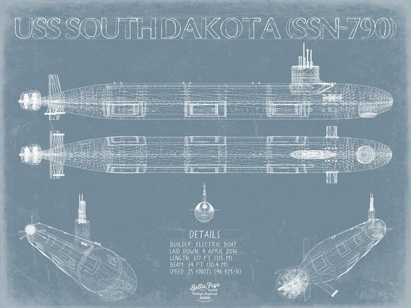 Bella Frye 14" x 11" / Unframed Paper Giclee USS South Dakota (SSN-790) Blueprint Wall Art - Original Submarine Print