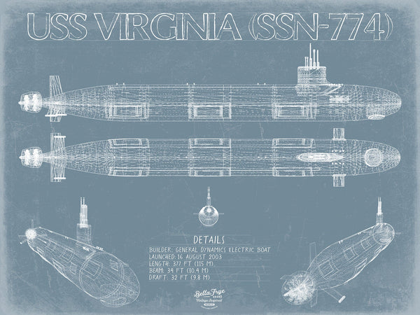 Bella Frye 14" x 11" / Unframed Paper Giclee USS Virginia (SSN-774) Blueprint Wall Art - Original Submarine Print