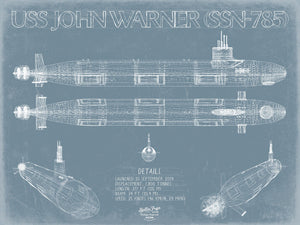 Bella Frye 14" x 11" / Unframed Paper Giclee USS John Warner (SSN-785) Blueprint Wall Art - Original Submarine Print