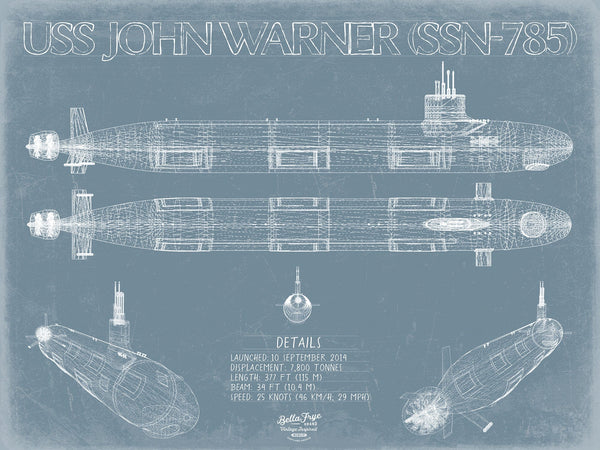 Bella Frye 14" x 11" / Unframed Paper Giclee USS John Warner (SSN-785) Blueprint Wall Art - Original Submarine Print