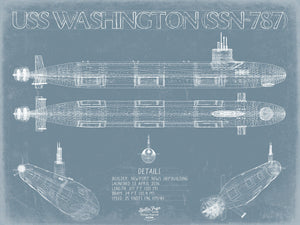 Bella Frye 14" x 11" / Unframed Paper Giclee USS Washington (SSN-787) Blueprint Wall Art - Original Submarine Print