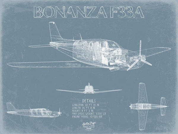 Bella Frye Beechcraft Bonanza F33A Aircraft Blueprint Wall Art - Original Aviation Plane Print