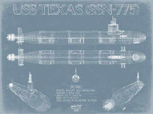 Bella Frye 14" x 11" / Unframed Paper Giclee USS Texas (SSN-775) Blueprint Wall Art - Original Submarine Print