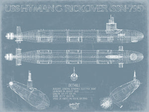 Bella Frye 14" x 11" / Unframed Paper Giclee USS Hyman G. Rickover (SSN-795) Blueprint Wall Art - Original Submarine Print