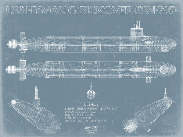 Bella Frye 14" x 11" / Unframed Paper Giclee USS Hyman G. Rickover (SSN-795) Blueprint Wall Art - Original Submarine Print