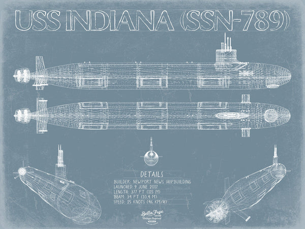 Bella Frye 14" x 11" / Unframed Paper Giclee USS Indiana (SSN-789) Blueprint Wall Art - Original Submarine Print