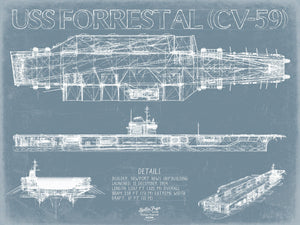 Bella Frye 14" x 11" / Unframed Paper Giclee USS Forrestal (CV-59) Blueprint Wall Art - Original Carrier Print