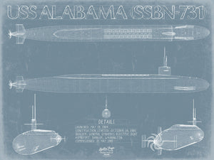 Bella Frye 14" x 11" / Unframed Paper Giclee USS Alabama (SSBN-731) Blueprint Wall Art - Original Submarine Print