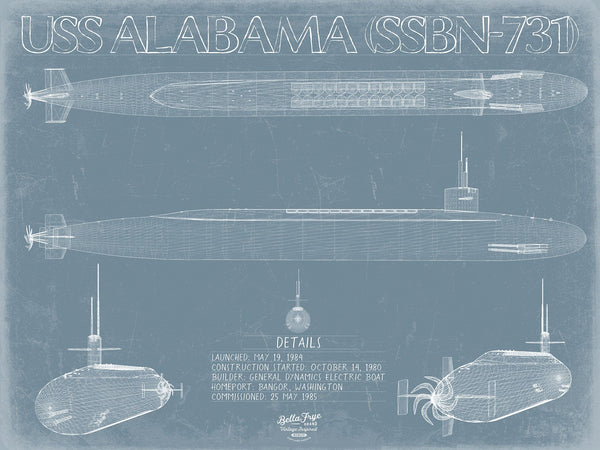 Bella Frye 14" x 11" / Unframed Paper Giclee USS Alabama (SSBN-731) Blueprint Wall Art - Original Submarine Print