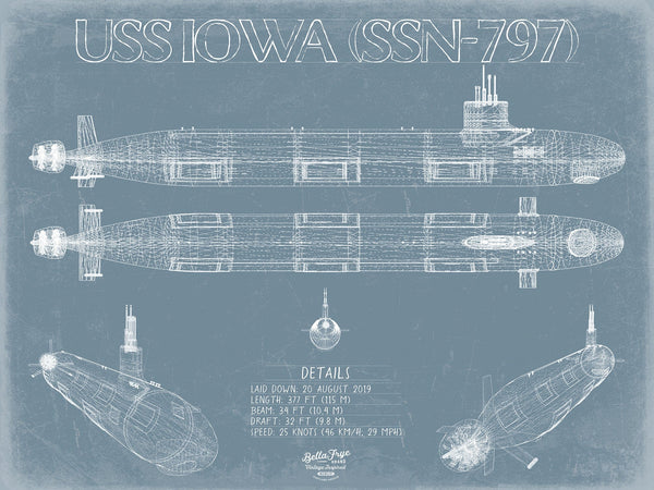 Bella Frye USS Iowa (SSN-797) Blueprint Wall Art - Original Submarine Print