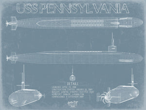 Bella Frye 14" x 11" / Unframed Paper Giclee USS Pennsylvania (SSBN-735) Blueprint Wall Art - Original Submarine Print