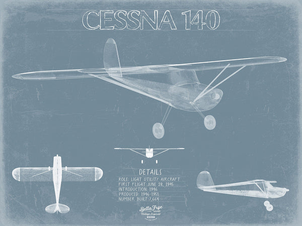 Bella Frye Cessna 140 Aircraft Blueprint Wall Art - Original Airplane Print