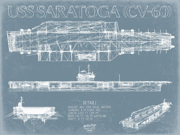 Bella Frye 14" x 11" / Unframed Paper Giclee USS Saratoga (CV-60) Blueprint Wall Art - Original Carrier Print