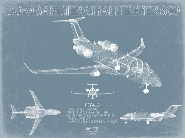 Bella Frye Bombardier Challenger 600 Aircraft Blueprint Wall Art - Original Aviation Plane Print