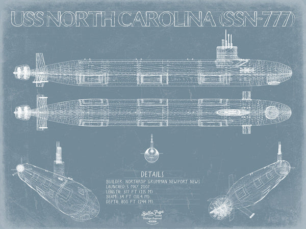 Bella Frye 14" x 11" / Unframed Paper Giclee USS North Carolina (SSN-777) Blueprint Wall Art - Original Submarine Print