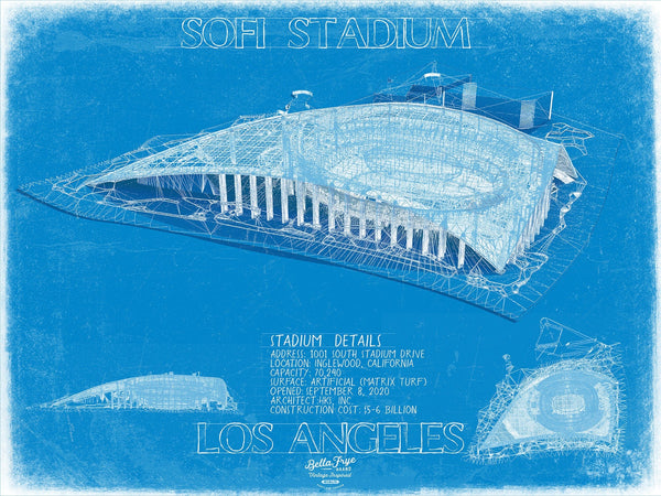 Bella Frye 14" x 11" / Unframed Paper Giclee SoFi Stadium Wall Art - LA Rams and Chargers Football Poster