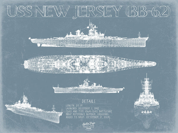 Bella Frye USS New Jersey (BB-62) Blueprint Wall Art - Original Battleship Print