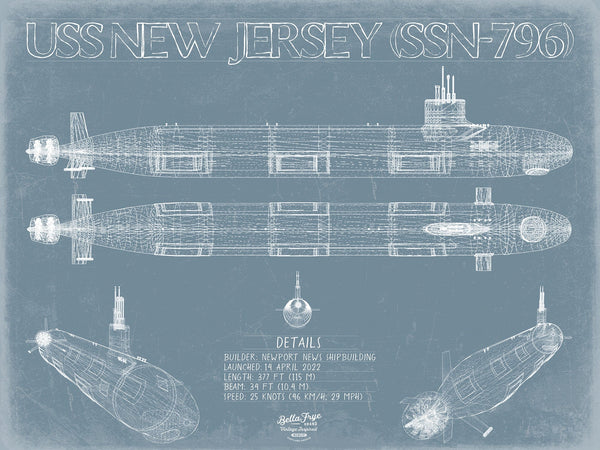 Bella Frye USS New Jersey (SSN-796) Blueprint Wall Art - Original Submarine Print