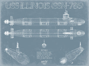 Bella Frye 14" x 11" / Unframed Paper Giclee USS Illinois (SSN-786) Blueprint Wall Art - Original Submarine Print