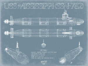 Bella Frye 14" x 11" / Unframed Paper Giclee USS Mississippi (SSN-782) Blueprint Wall Art - Original Submarine Print