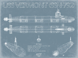 Bella Frye 14" x 11" / Unframed Paper Giclee USS Vermont (SSN-792) Blueprint Wall Art - Original Submarine Print