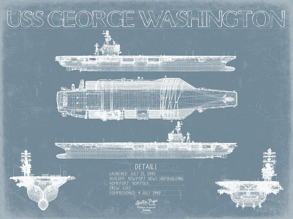 Bella Frye 14" x 11" / Unframed Paper Giclee USS George Washington (CVN-73) Blueprint Wall Art - Original Carrier Print