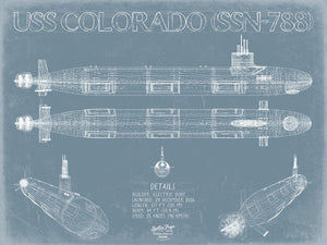 Bella Frye 14" x 11" / Unframed Paper Giclee USS Colorado (SSN-788) Blueprint Wall Art - Original Submarine Print