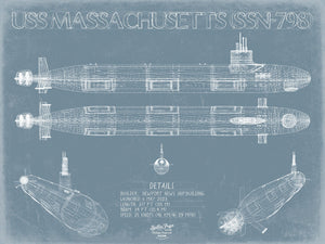 Bella Frye 14" x 11" / Unframed Paper Giclee USS Massachusetts (SSN-798) Blueprint Wall Art - Original Submarine Print