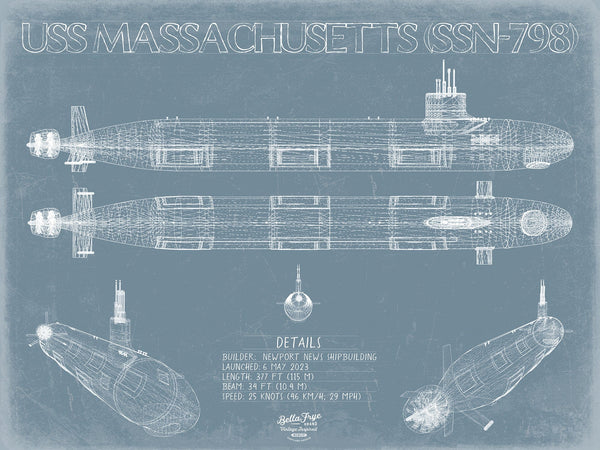 Bella Frye 14" x 11" / Unframed Paper Giclee USS Massachusetts (SSN-798) Blueprint Wall Art - Original Submarine Print