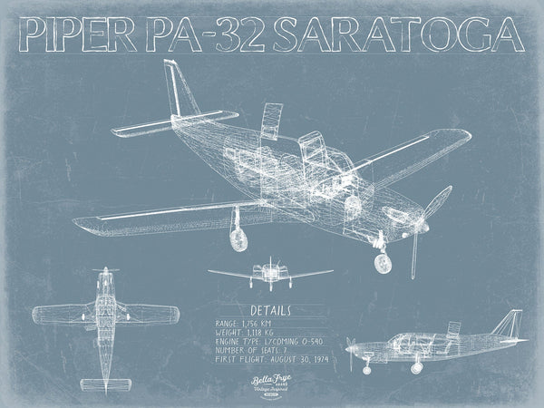 Bella Frye Piper PA-32 Saratoga Aircraft Blueprint Wall Art - Original Airplane Print