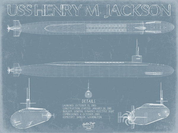 Bella Frye 14" x 11" / Unframed Paper Giclee USS Henry M. Jackson (SSBN-730) Blueprint Wall Art - Original Submarine Print