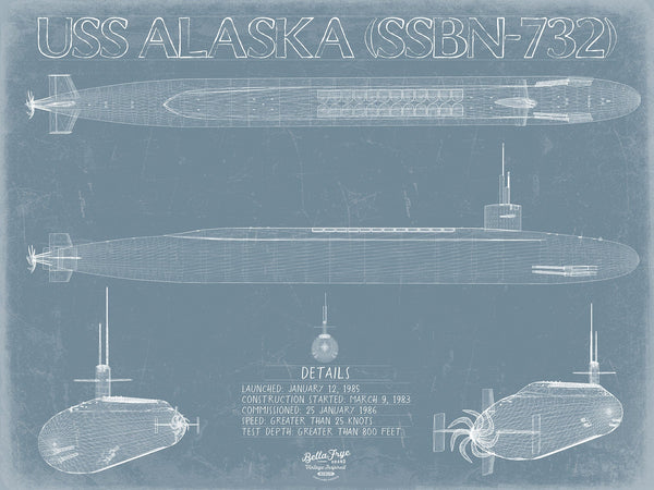 Bella Frye 14" x 11" / Unframed Paper Giclee USS Alaska (SSBN-732) Blueprint Wall Art - Original Submarine Print