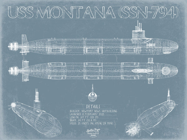 Bella Frye 14" x 11" / Unframed Paper Giclee USS Montana (SSN-794) Blueprint Wall Art - Original Submarine Print