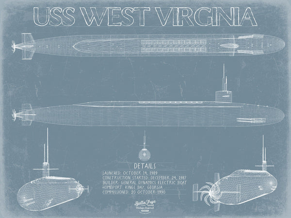 Bella Frye 14" x 11" / Unframed Paper Giclee USS West Virginia (SSBN-736) Blueprint Wall Art - Original Submarine Print