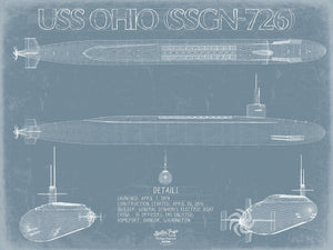 Bella Frye 14" x 11" / Unframed Paper Giclee USS Ohio (SSGN-726) Blueprint Wall Art - Original Submarine Print