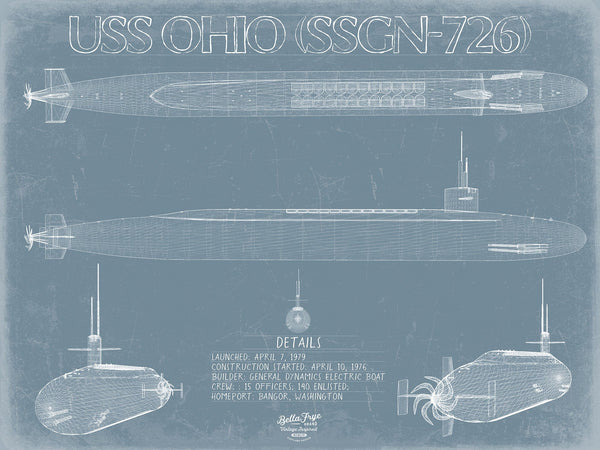 Bella Frye 14" x 11" / Unframed Paper Giclee USS Ohio (SSGN-726) Blueprint Wall Art - Original Submarine Print