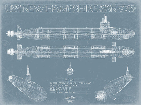 Bella Frye USS New Hampshire (SSN-778) Blueprint Wall Art - Original Submarine Print