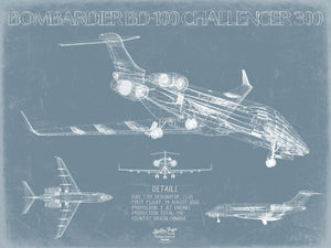 Bella Frye Bombardier BD-100 Challenger 300 Aircraft Blueprint Wall Art - Original Aviation Plane Print