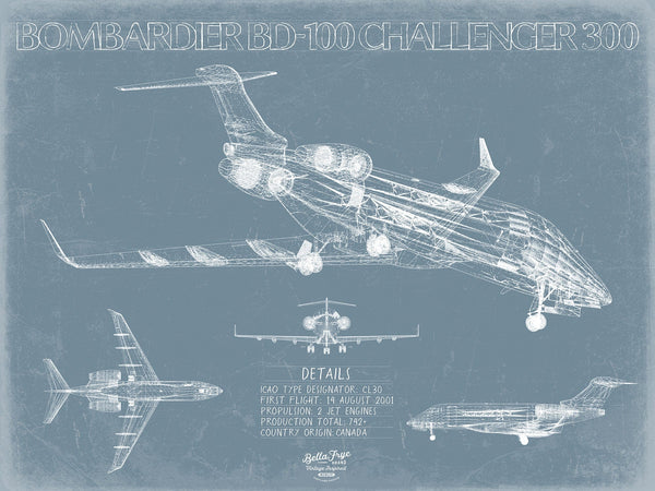 Bella Frye Bombardier BD-100 Challenger 300 Aircraft Blueprint Wall Art - Original Aviation Plane Print